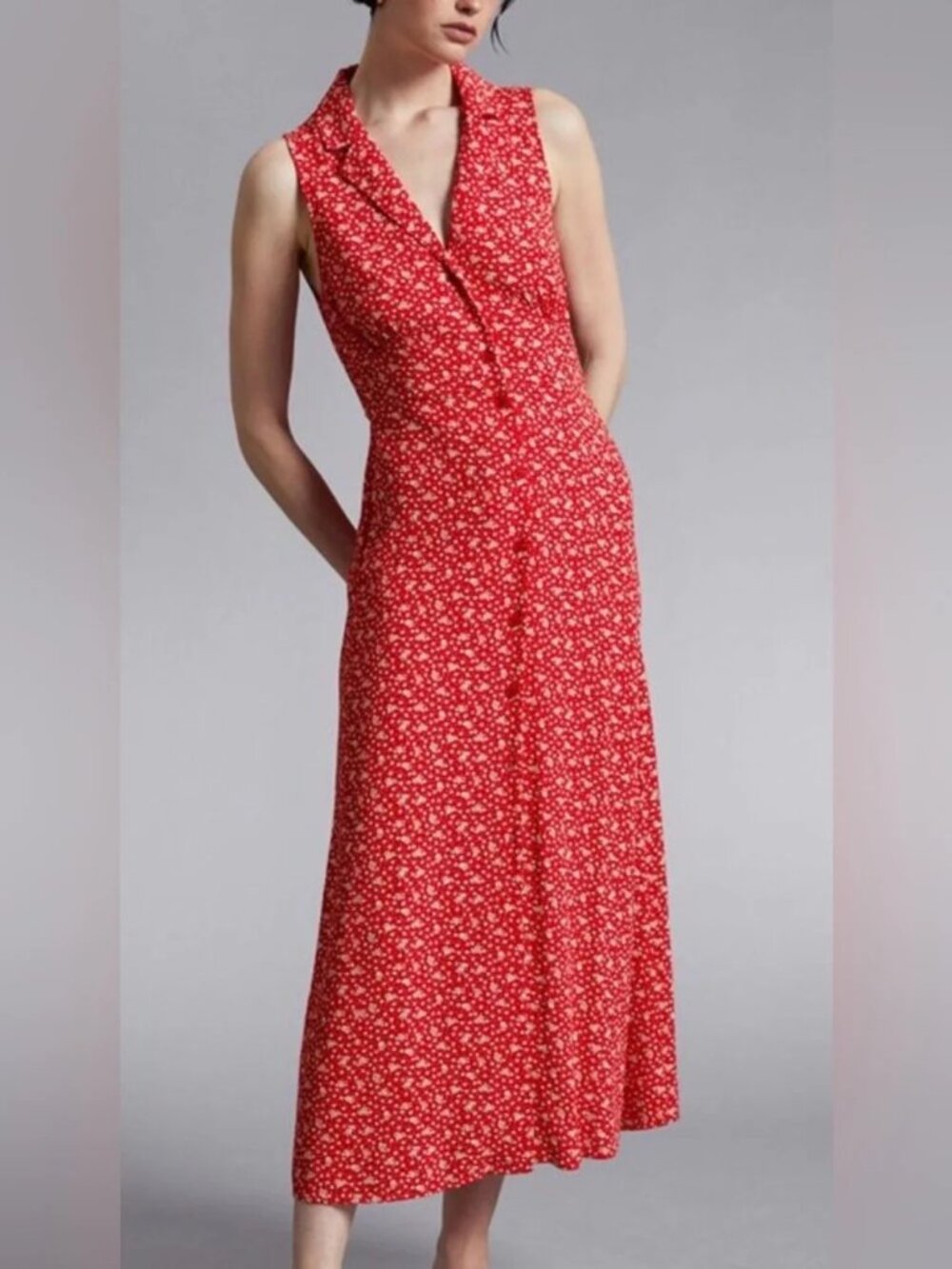 Anthropology And Other Stories Red Floral Button Front Sleeveless Maxi Dress 8